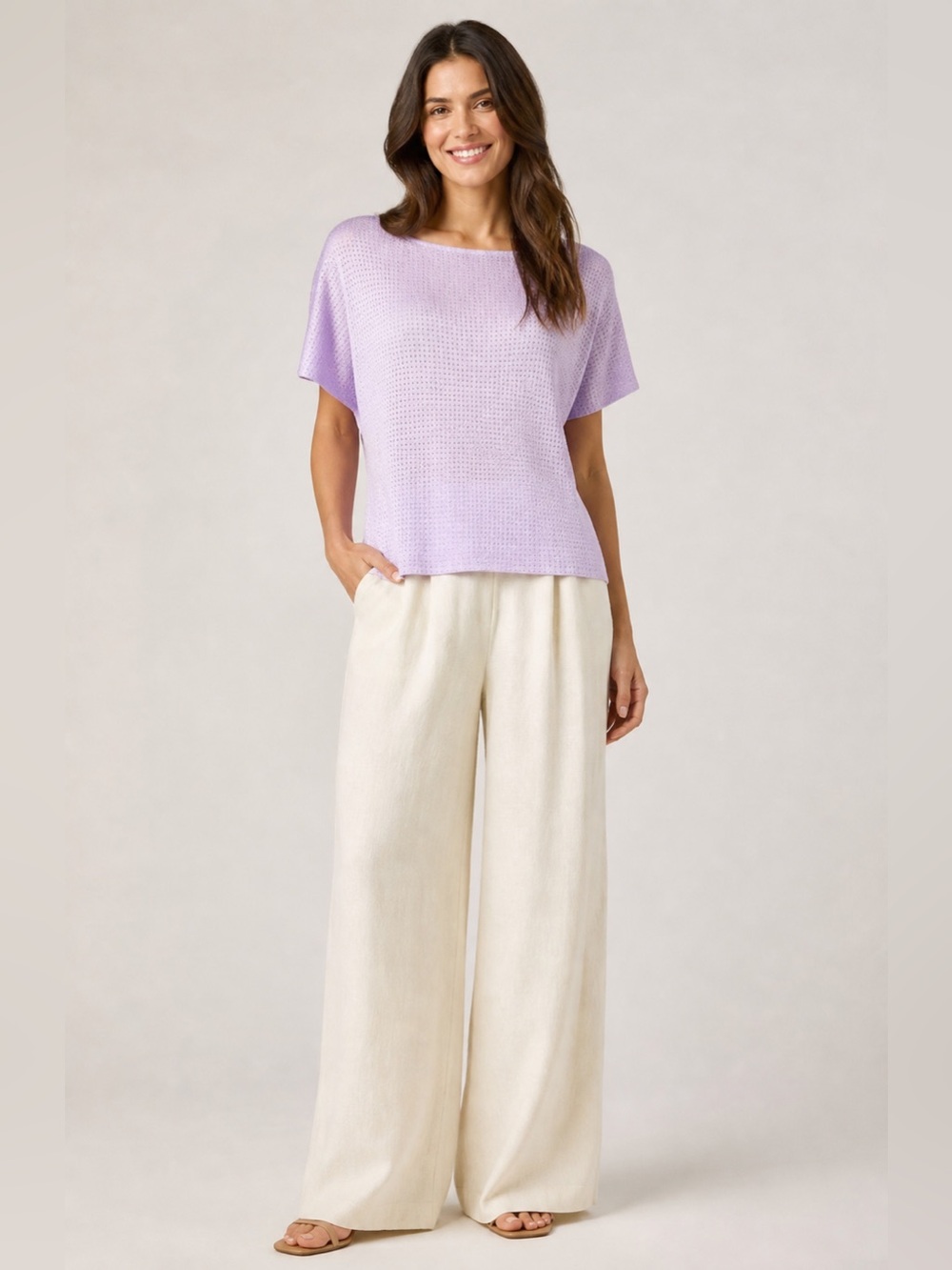St John | NWT Santana Knit Jewel Tone Lilac Textured Beading Short Sleeve Top